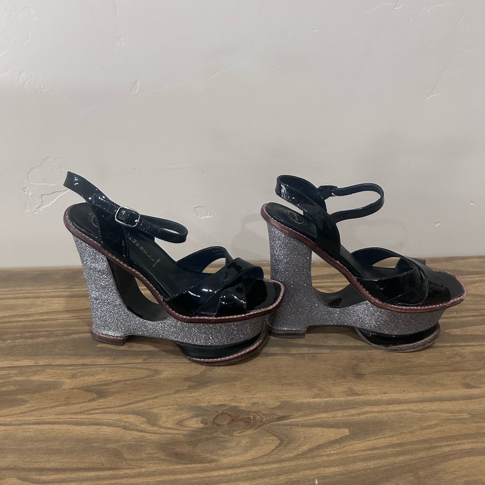 Jeffrey Campbell Black and Silver Wedge Sandals